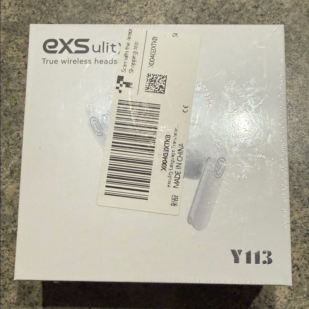 EXS Wireless Earbuds in White with wireless charging case. Language translation
